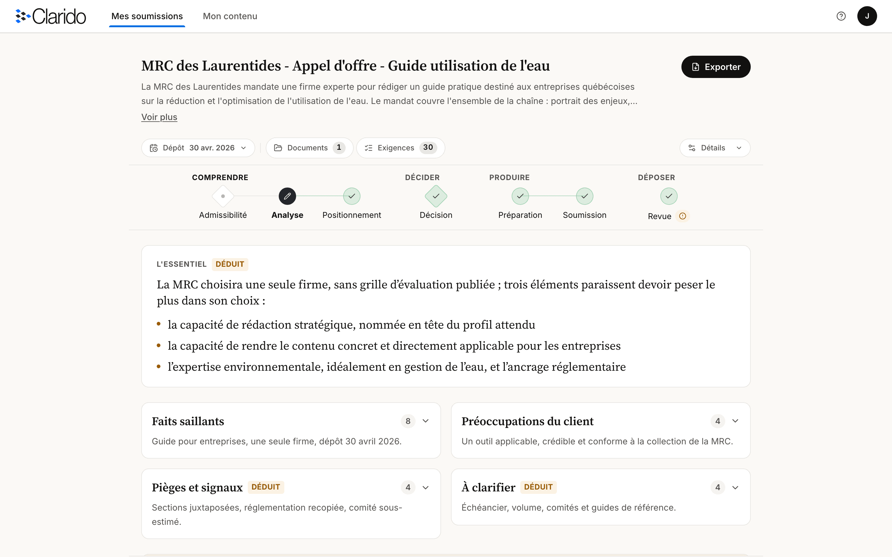L'onglet Analyse de Clarido : le parcours Comprendre, Décider, Produire, Déposer, un bloc « L'essentiel » marqué Déduit, puis quatre fiches, Faits saillants, Préoccupations du client, Pièges et signaux, À clarifier.